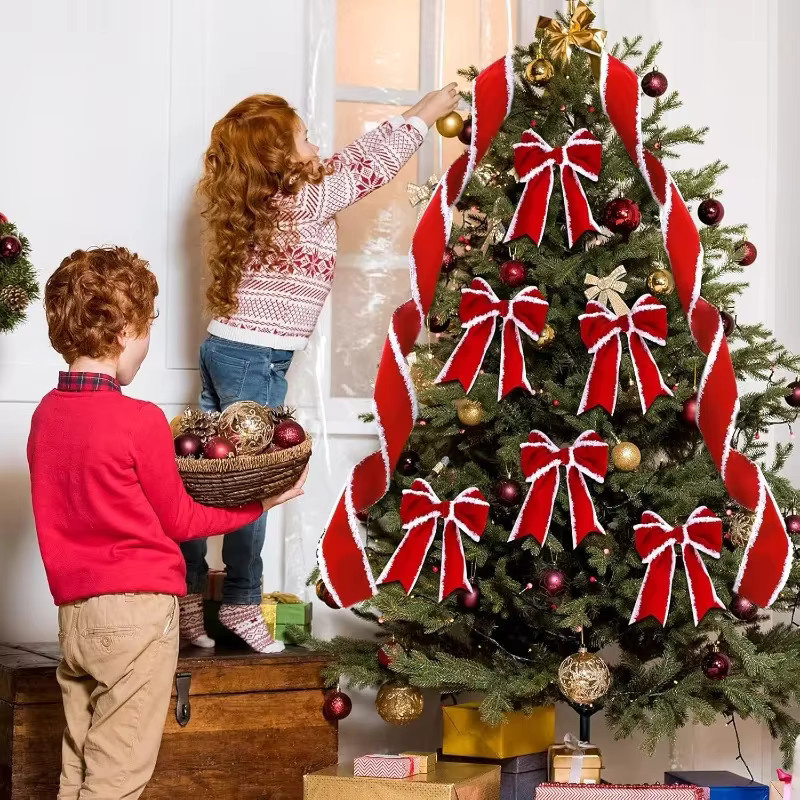 Rotes Samtband mit Schneeflocken-Plüsch für Weihnachtsdekoration und Geschenkverpackungen - Bild 3