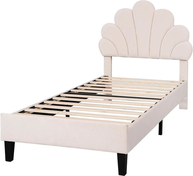 Merax Kinderbett mit Samt-Blumen-Kopfteil in Beige, B/L: 90 x 200 cm - Bild 1