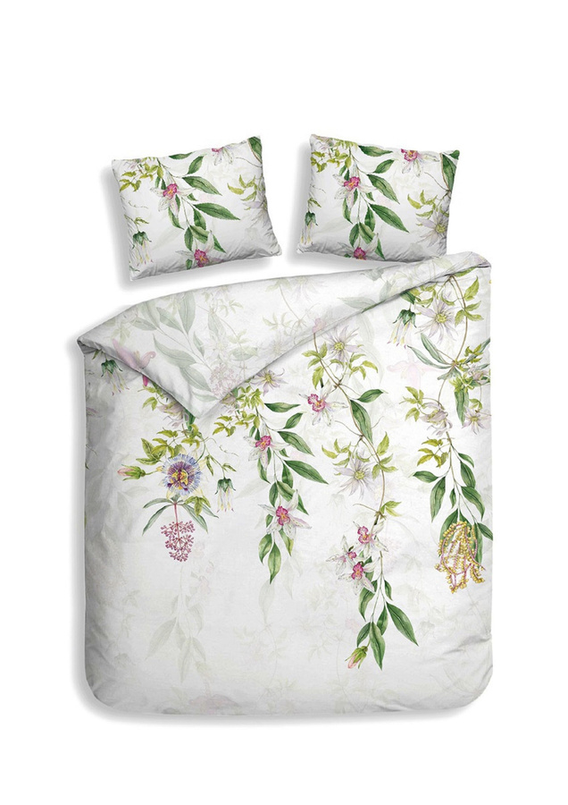 Heckettlane Mako-Satin Bettwäsche Anula Off-White mit Orchideen-Blütenrispen, Set bestehend aus Bettbezug und Kissenbezug, Breite: 155 cm, Länge: 220 cm, Kissenbezug: 80 x 80 cm - Bild 1