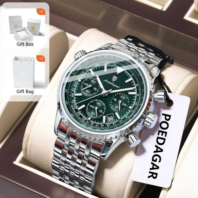 POEDAGAR Chronograph Herrenuhr, Edelstahl, Quarz, Grün, Silber - Bild 1