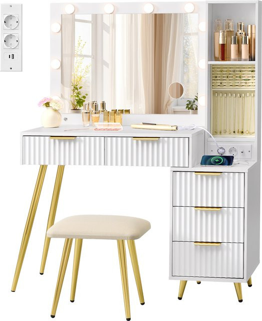 VASAGLE Schminktisch mit Hocker und LED-Beleuchtung in Weiß mit Schubladen, B/T/H: 110 x 40 x 135 cm - Bild 1