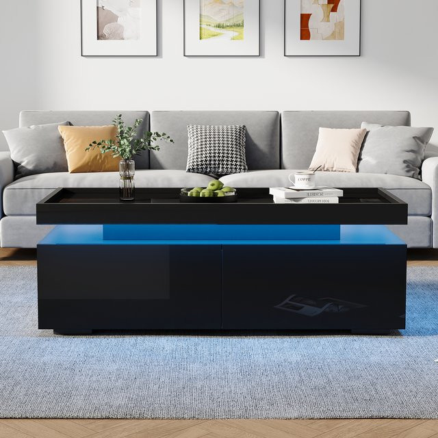 Svintora Moderner Hochglanz-Couchtisch in Schwarz mit LED-Beleuchtung und 2 Schubladen - Bild 1