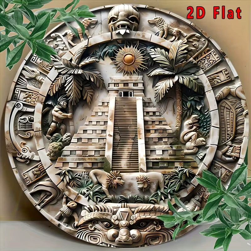 Potdemiel Aztekische Aluminium-Wandkunst Maya-Kalender mit Dschungelmotiven und Pyramide, Durchmesser: 20,32 cm - Bild 3