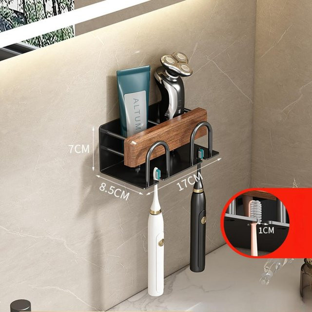 Chic Interiors Badezimmer Zahnbürstenhalter aus Massivholz in Schwarz ohne Bohren mit Zahnpasta- und Mundspülbecherhalter - Bild 1