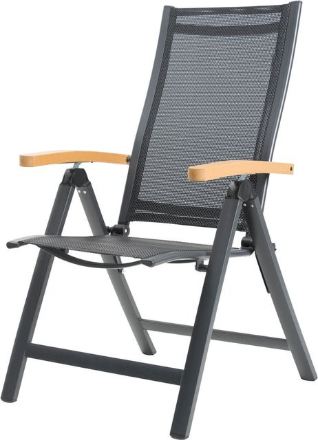 OUTFLEXX Tallinn Klappstuhl in Anthrazit Matt aus Aluminium und Textilene mit Holzimitat, B/T/H: 67 x 58 x 107 cm - Bild 1