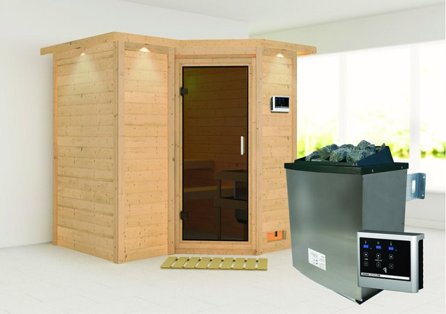 Karibu Massivholzsauna SAHIB 1 in Graphit mit 9,0 kW Ofen, Steuergerät und Ganzglastür, B/T/H: 193 x 184 x 200 cm - Bild 1