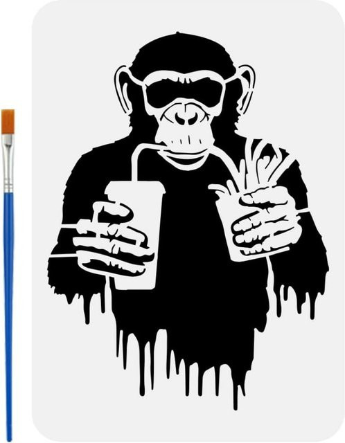 Banksy Schimpanse Graffiti Malvorlage mit Pinsel, Farbe: Schwarz, Breite: 8 cm, Länge: 30 cm - Bild 1
