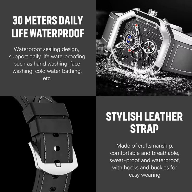 LIGE Armbanduhr Chronograph, Quarz, eckig, Schwarz, Leder, Herren - Bild 5