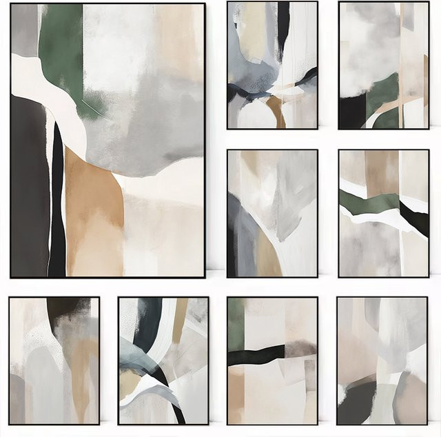 Potdemiel Moderne Geometrische Abstrakte Leinwandmalerei Wandbild in Schwarz, Beige und Grün - Bild 1