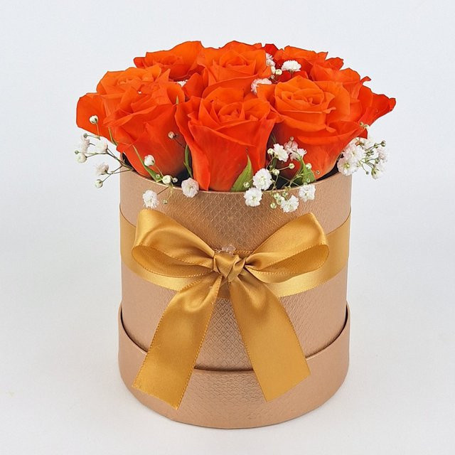 Box Amsterdam Arrangement Rosen Orange Birthday Round - Bild 1