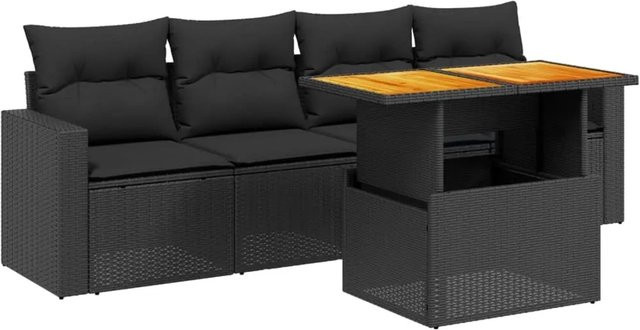 vidaXL 5-teilige Garten-Sofagarnitur in L-Form aus Polyrattan und Akazienholz mit Kissen, Schwarz - Bild 1