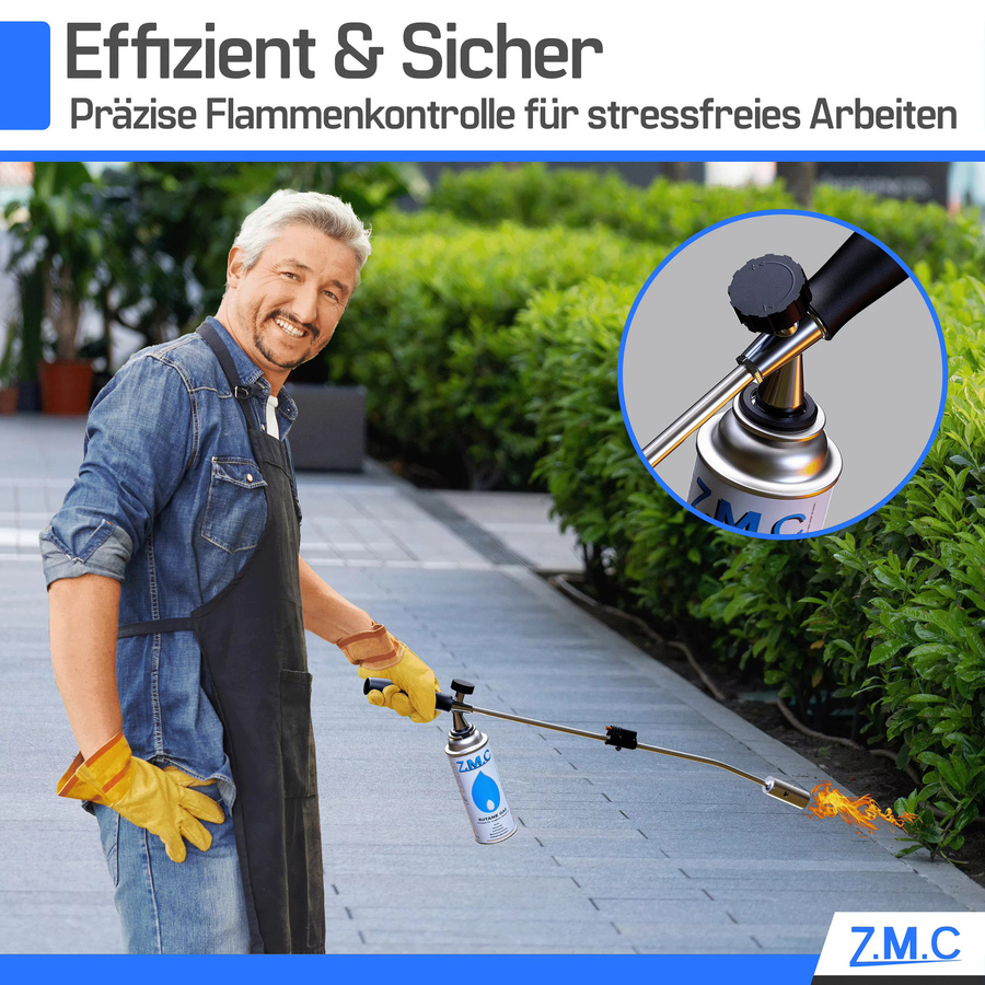 ZMC Unkrautbrenner 2,5 kW mit Piezo-Zündung und Abflammgerät in Silber, geeignet für Garten und Hof, verwendbar mit 227g Gaskartuschen - Bild 6