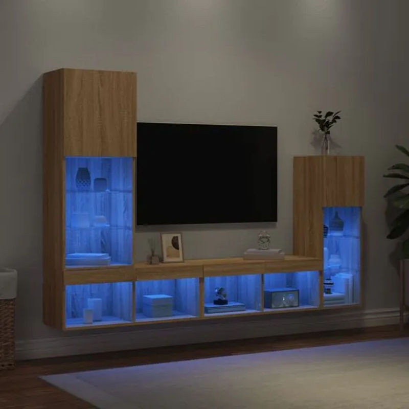 Vidaxl 4-tlg. Wohnwand mit LED-Beleuchtung in Sonoma-Eiche Natur und Braun aus Holzwerkstoff im modernen Design - Bild 1