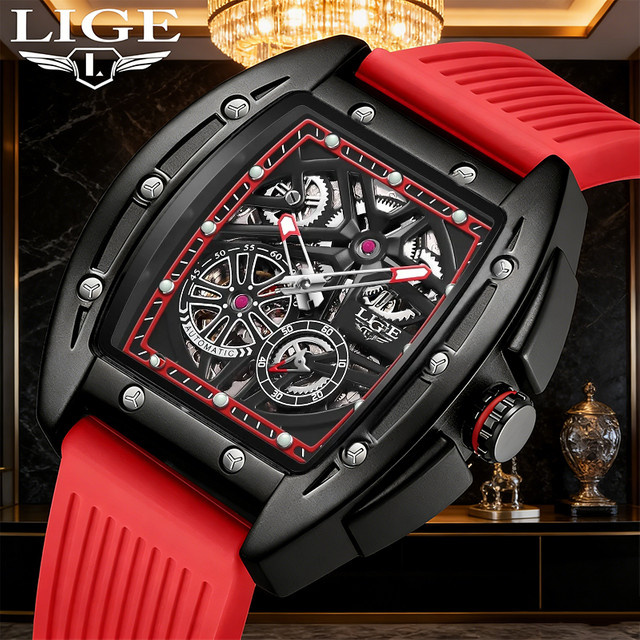 LIGE Armbanduhr Automatik, Skelett, Edelstahl, Kautschuk, Schwarz, Herren - Bild 1