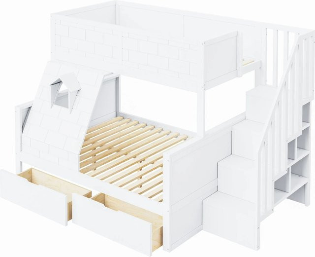 Merax Etagenbett mit Hausrahmen und Fenster aus Kiefernholz und MDF in Weiß, B/T/H: 251,9 x 166,0 x 150,0 cm (obere Liegefläche 90 x 200 cm, untere Liegefläche 140 x 200 cm) - Bild 1