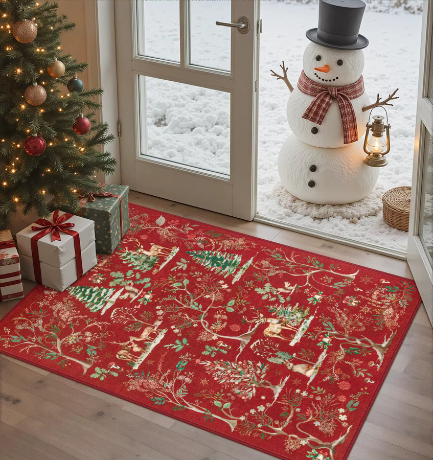 VIKAMA Weihnachtsteppich mit Hirsch- und Schneeflocken-Design, rutschfest und maschinenwaschbar, B/T: 60 x 40 cm - Bild 2