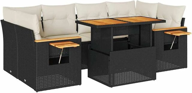 vidaXL 7-teilige Garten-Sofagarnitur aus Poly-Rattan und Akazienholz in Schwarz-Creme mit Kissen - Bild 1