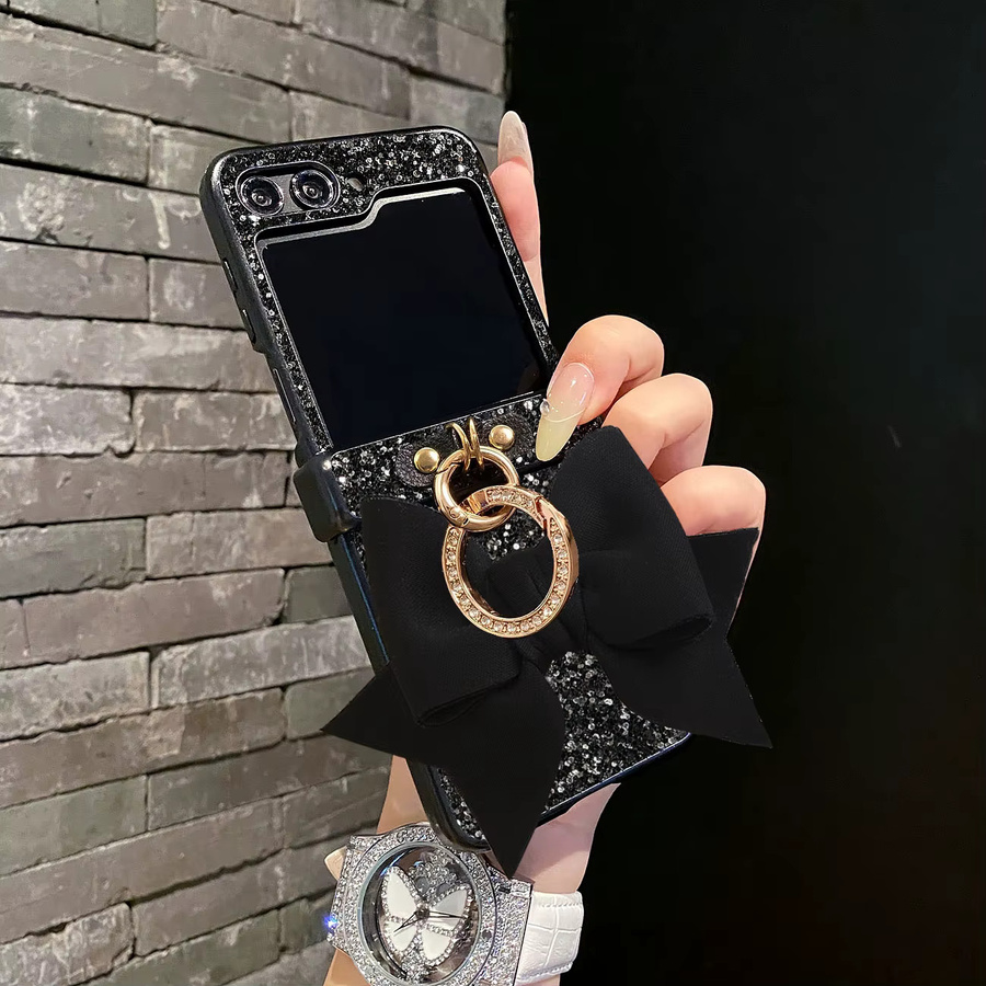 Luxuriöse Samsung Handyhülle mit Ringhalterung und schwarzer Strick-Schleife, glitzernd mit künstlichen Diamanten besetzt, Farbe: Schwarz - Bild 2