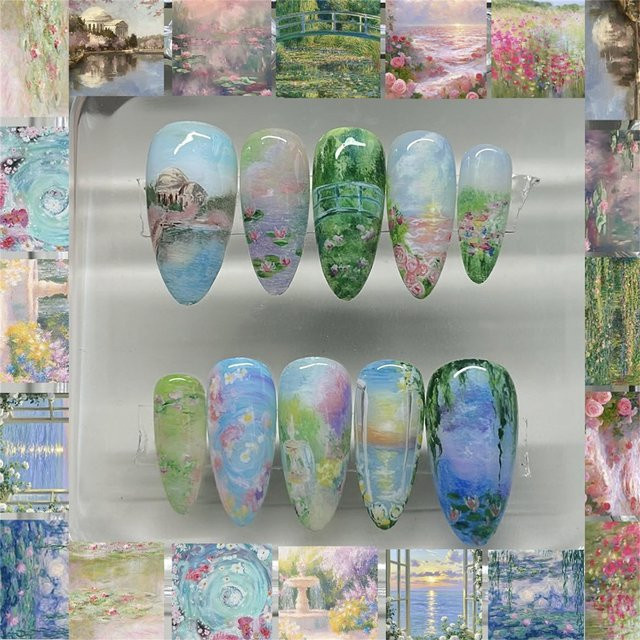 YADORNOS Künstliche Nägel, Mandel, Ölgemälde Blumen-Design, Glänzend - Bild 1