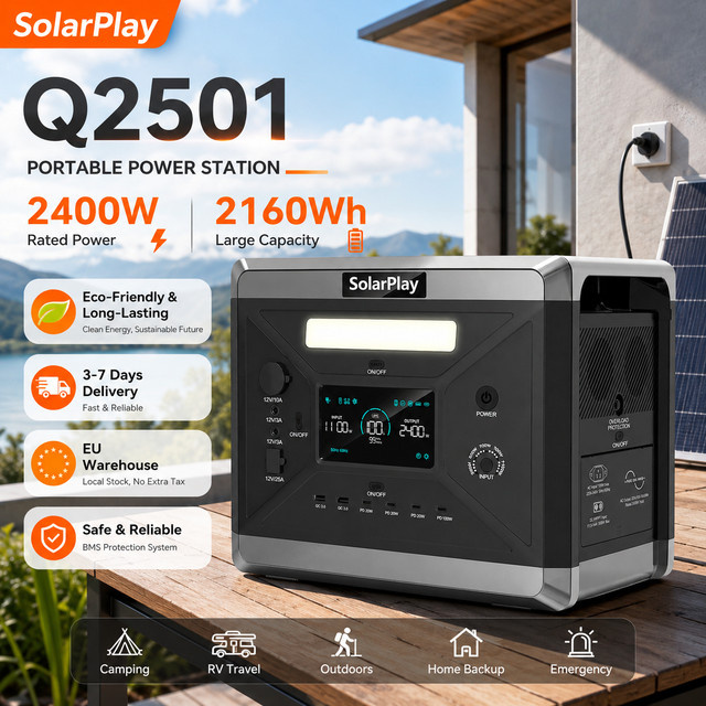 SolarPlay Tragbare Powerstation Q2501 in Grau mit 2160Wh Kapazität und 2400W Spitzenleistung für Camping und Notstromversorgung - Bild 1