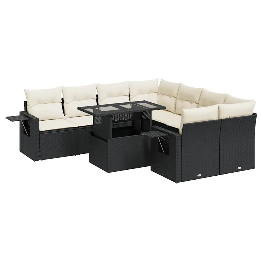 vidaXL 9-tlg Garten-Sofagarnitur in L-Form aus Poly-Rattan und pulverbeschichtetem Stahl in Schwarz mit UV-beständigen Kissen - Bild 2