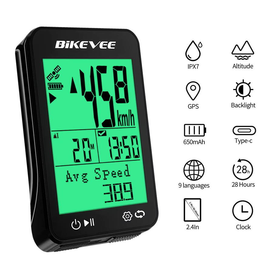 Bikevee Drahtloser GPS-Fahrradcomputer in Schwarz mit wasserdichter Messung, Tachometer und Tracker inklusive Ständer für Mountainbike und Rennrad - Bild 2