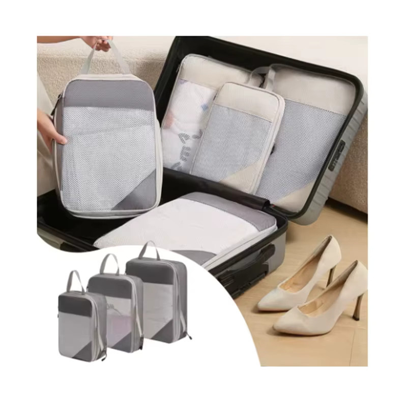 3er-Set komprimierbare Reise-Aufbewahrungstaschen aus Nylon in Beige für dein Gepäck - Bild 2