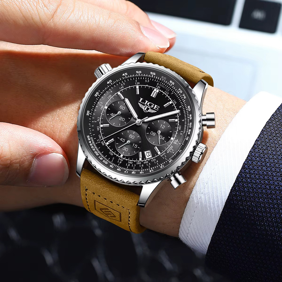 LIGE Armbanduhr Chronograph, Quarz, Leder, Schwarz, Herren - Bild 4