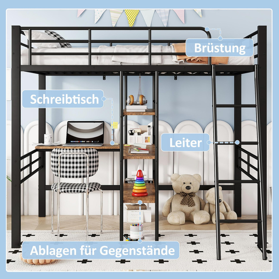 Flieks Funktionsbett Hochbett mit Schreibtisch und 3 Regalen in Weiß, B/T/H: 90 x 200 cm - Bild 7