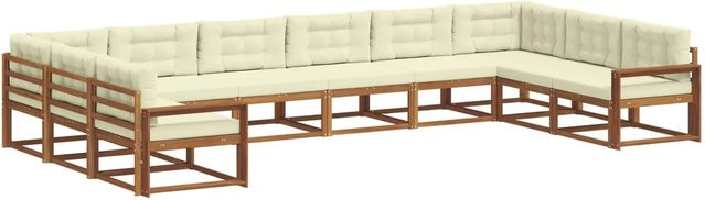 vidaXL Outdoor-Sofagarnitur aus massivem Akazienholz in L-Form mit Kissen, 10-teilig, Natur und Creme - Bild 1