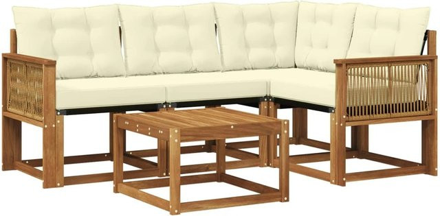 vidaXL Outdoor-Sofagarnitur in L-Form aus Akazienholz mit Textilene und 5 Kissen in Natur und Creme - Bild 1