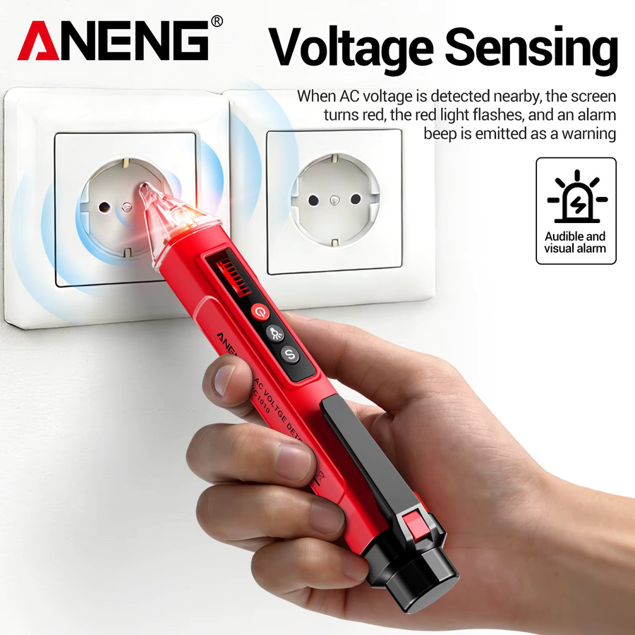 ANENG VC1010 Digitaler Spannungsdetektor in Rot, berührungsloser Spannungssensor für Wechselspannung von 12-1000V zur Prüfung von Null- und Phasenleitung - Bild 5