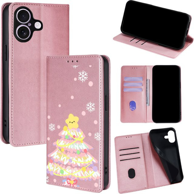 Magnetische Leder-Brieftaschenhülle mit Weihnachtsmuster für iPhone 11 bis iPhone 17 Pro Max in Pink - Bild 1