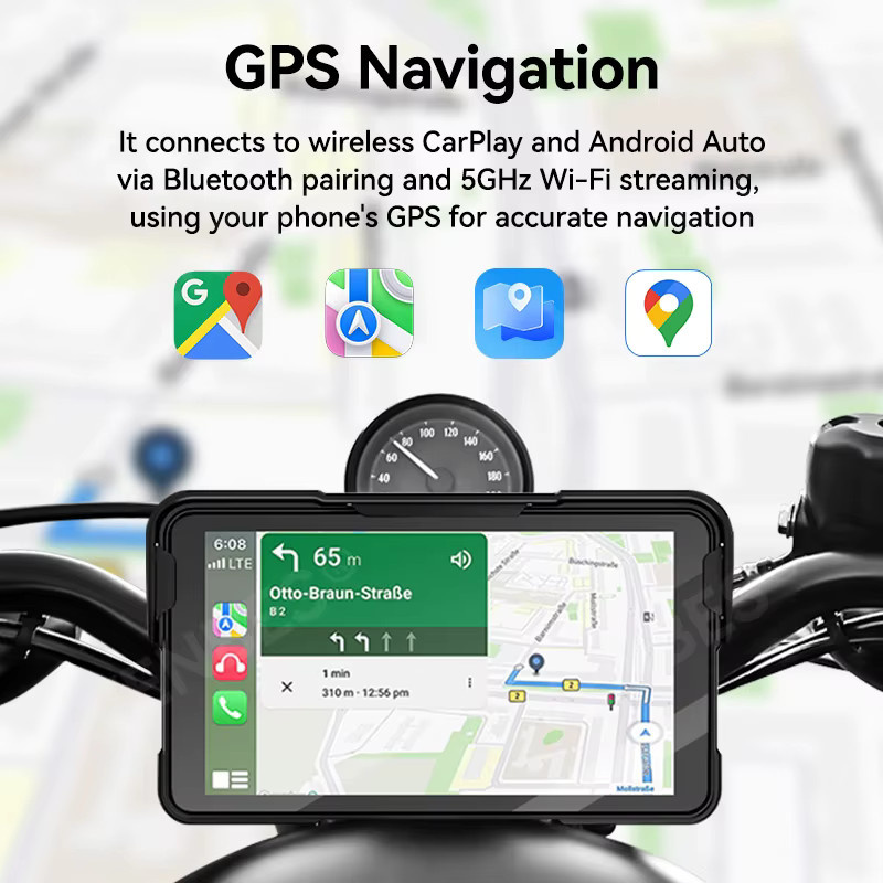 VENBES Motorrad CarPlay mit 5 Zoll GPS-Navigation, kabellos, Android und Bluetooth, wasserdicht, Schwarz - Bild 5