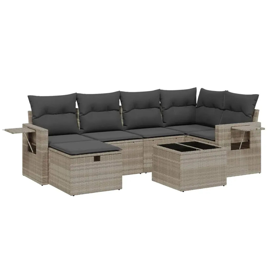 vidaXL 7-teilige Garten-Sofagarnitur in L-Form mit Kissen und Couchtisch, Hellgrau, Poly Rattan und Metallrahmen - Bild 2
