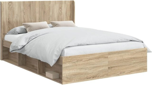 vidaXL Bettgestell mit Kopfteil und Stauraum aus Holzwerkstoff in Eiche Braun - Bild 1