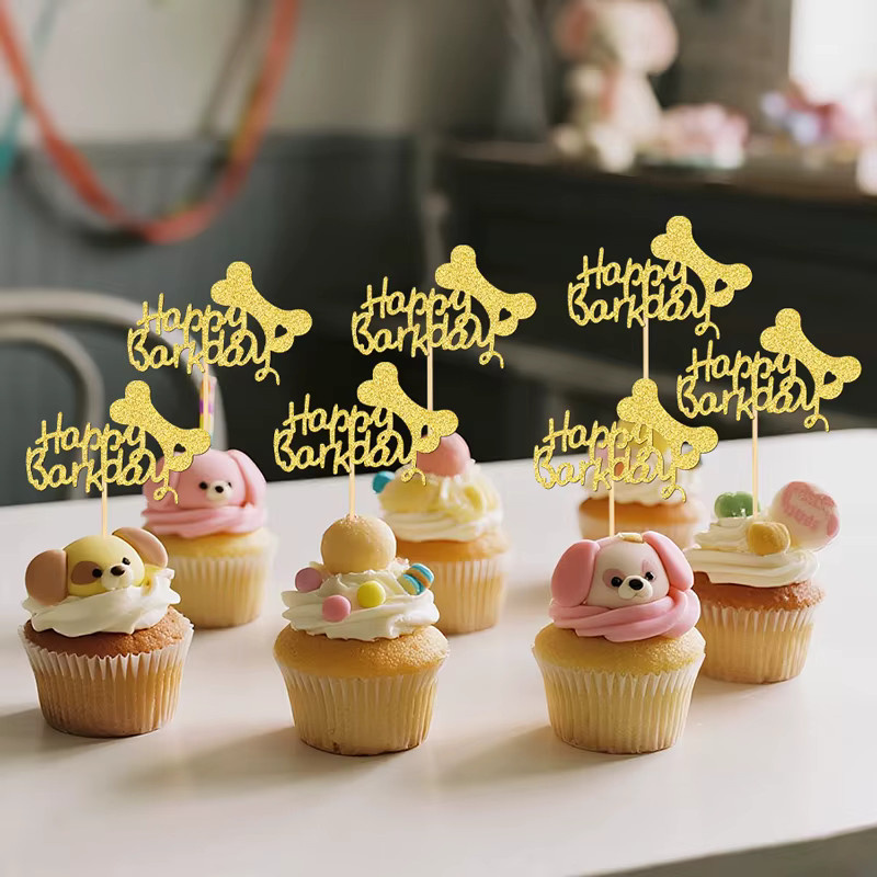 YOMDID 24 Stück glitzernde Cupcake-Topper Hundeburtstag Gold mit Happy Barkday und Bone Motiven - Bild 4