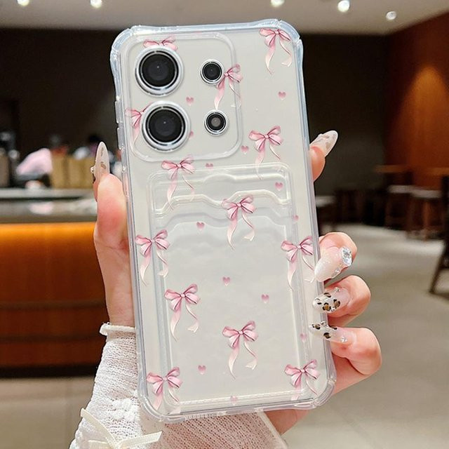 Stoßfeste Silikon-Handyhülle mit Bowknot-Muster und Kartensteckplatz für Xiaomi 14T 13T Pro Poco F6 Pro X6 C65 Redmi Note 13 12 Pro 11 transparent - Bild 1