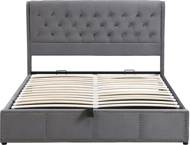 okwish Polsterbett mit Nietenverzierung aus Samt in Grau mit Lift-up-Funktion, B/T/H: 181 x 207 x 102,5 cm - Bild 1