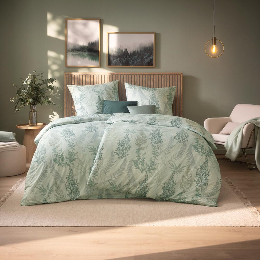 Estella Mako Jersey Bettwäsche Hedi Salbei Farn Gräser Grün mit Bettbezug und Kissenbezug, B/H: 155 x 220 cm und 80 x 80 cm - Bild 1