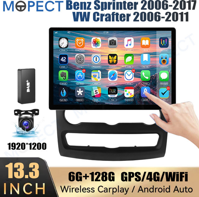 MOPECT Android 15 Autoradio für VW Crafter 2006-2011 und Mercedes Sprinter 2006-2017, 13,3 Zoll Touchscreen, 6+128GB, kabelloses CarPlay, GPS-Navigation, 4G, Bluetooth, DAB und AHD, Schwarz - Bild 1
