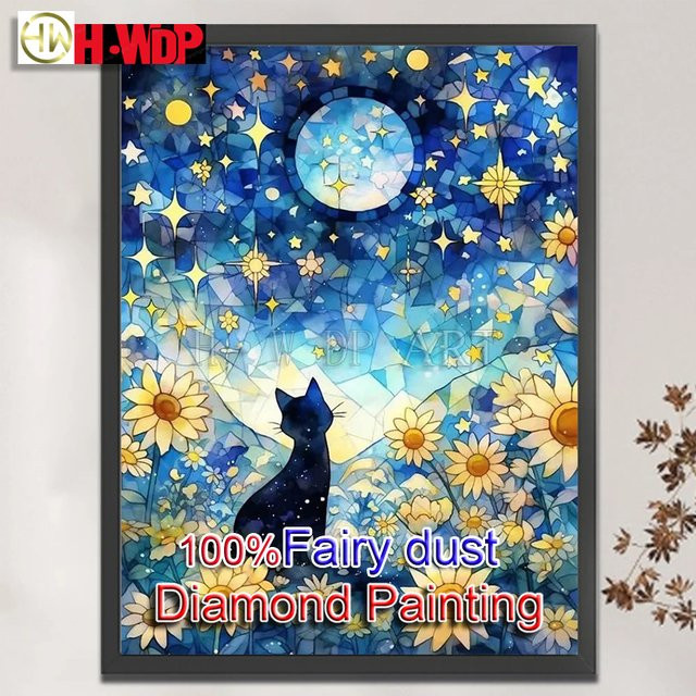 HWDP DIY Diamantmalerei Katze mit Feenstaub als Landschafts-Kreuzstich-Set zur Dekoration - Bild 1