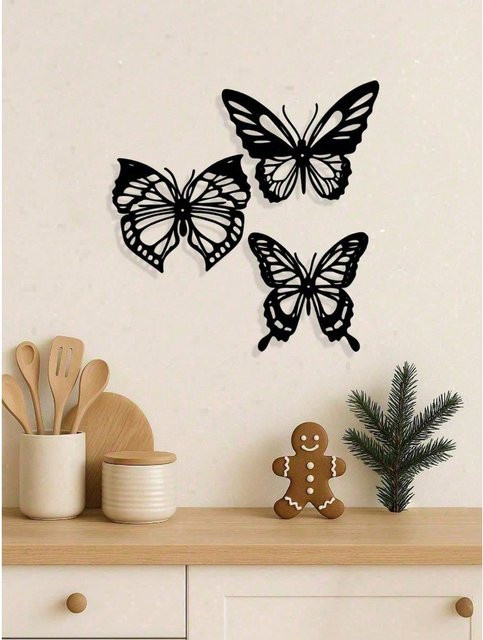 CIFBUY Set aus 3 Vintage 3D Schmetterling Metall-Wanddekorationen in Schwarz - Bild 1