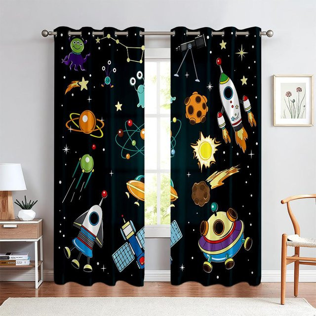 Lichtblockierende Hitzeschutz-Fenstervorhänge mit Cartoon-Raumschiff-Muster für Kinderzimmer, Breite: 100 cm, Höhe: 130 cm - Bild 1