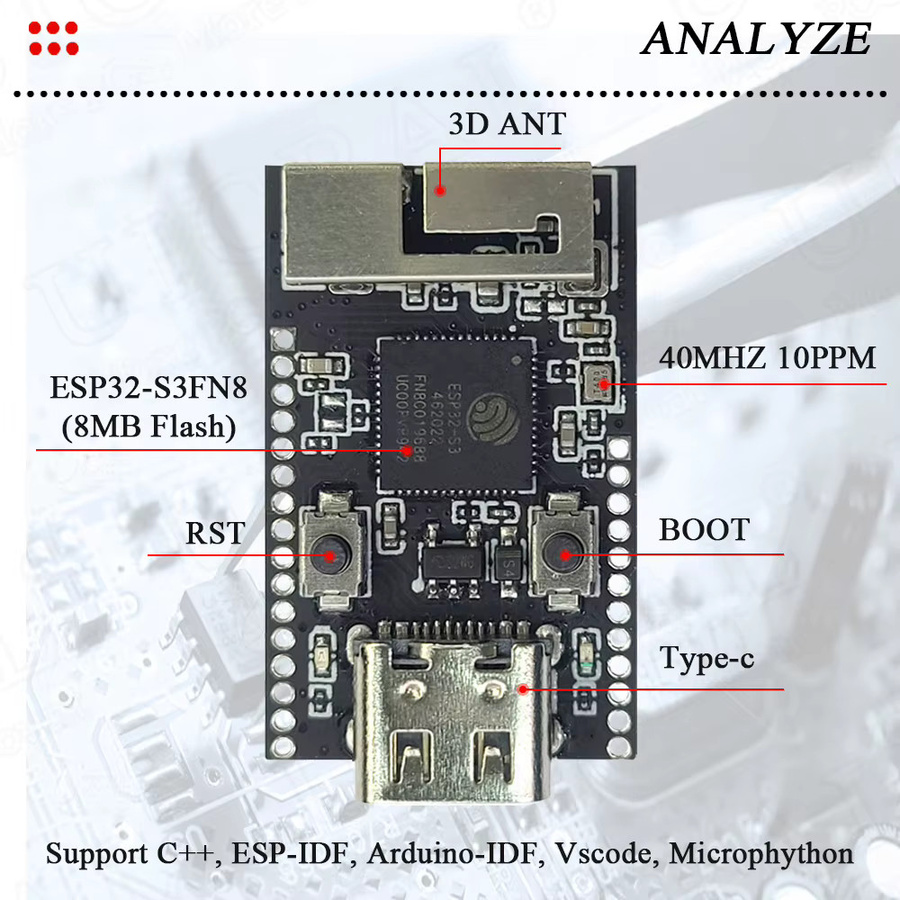 MINI ESP32-S3 Entwicklungsboard-Modul mit 8 MB Flash, WiFi und Bluetooth, Typ-C Anschluss, Schwarz - Bild 3