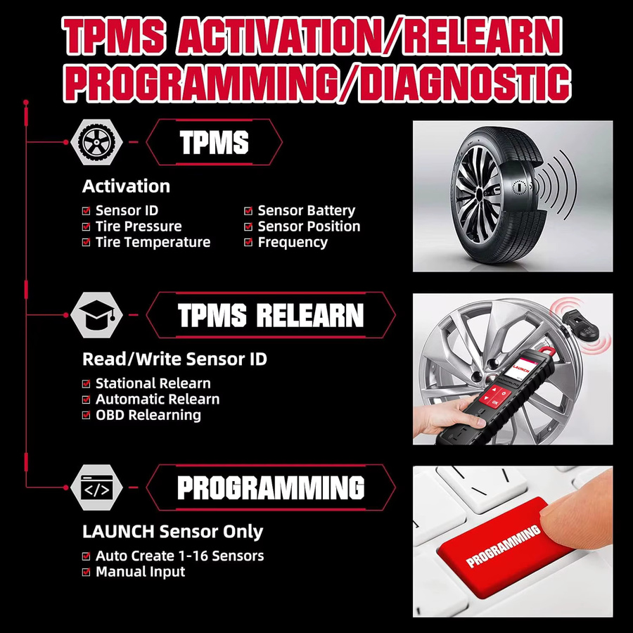 LAUNCH X431 i-TPMS Reifendruck-Diagnosegerät mit aktiver Programmierungsfunktion, 315/433 MHz RF-Sensor, Schwarz - Bild 4