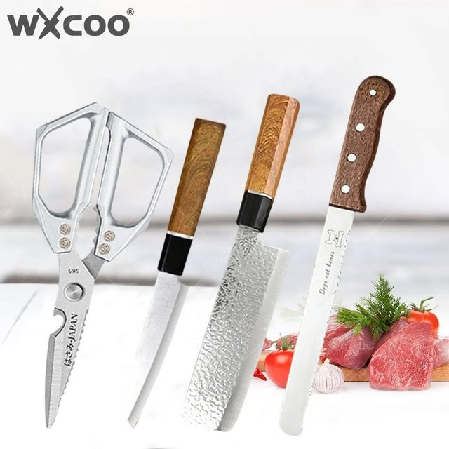 WXCOO Japanisches Küchenmesser aus Edelstahl in Silber mit Holzgriff als Brotschneider, Obst- und Gemüsemesser sowie Ausbeinmesser - Bild 1