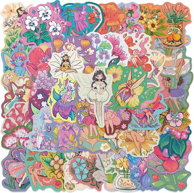 50 Stück PickJoy Aufkleber mit Blumen und Feen-Motiven in Mehrfarbig für Scrapbook, Laptop und Bastelarbeiten - Bild 1