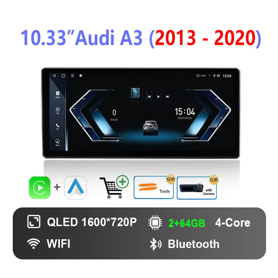 KJ-NAVI Android 14 Autoradio Multimedia Player für Audi A3 2013 - 2020 mit 10,33 Zoll HD Touchscreen, Wireless Carplay, 4G, WIFI und DSP, Schwarz - Bild 4