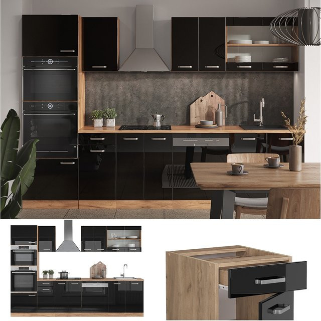 Vicco Küchenzeile R-Line modern in Schwarz und Eiche mit Goldakzenten, Breite: 300 cm - Bild 1